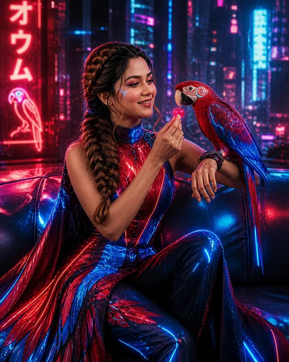 Ultra-realistic cinematic 8K cyberpunk fashion portrait of a young woman...