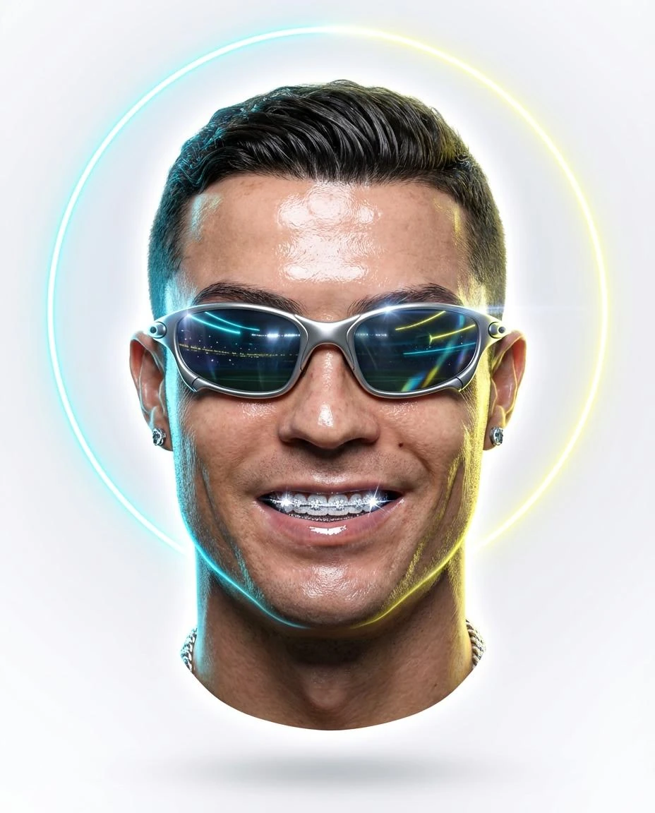 A hyper-realistic futuristic portrait of a person centered in frame, wear...