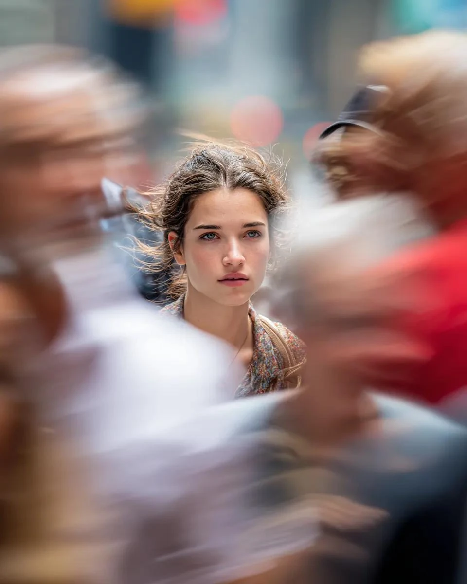 Model looking at camera, close up of face, busy New York street, motion b...