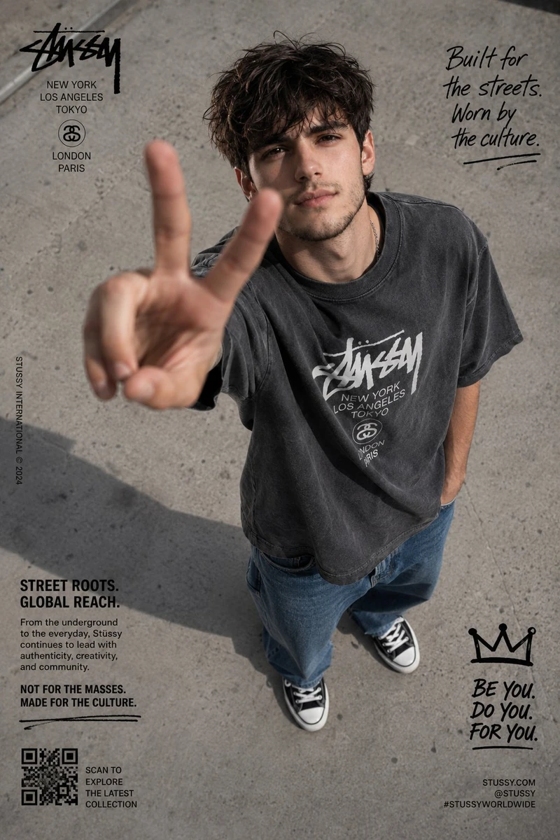 Ultra-realistic streetwear fashion campaign poster shot from a high-angle...