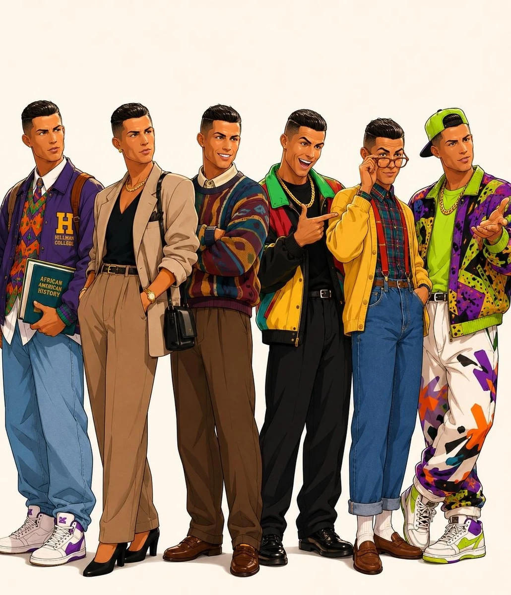 Full-body character lineup showcasing the same person transformed through...