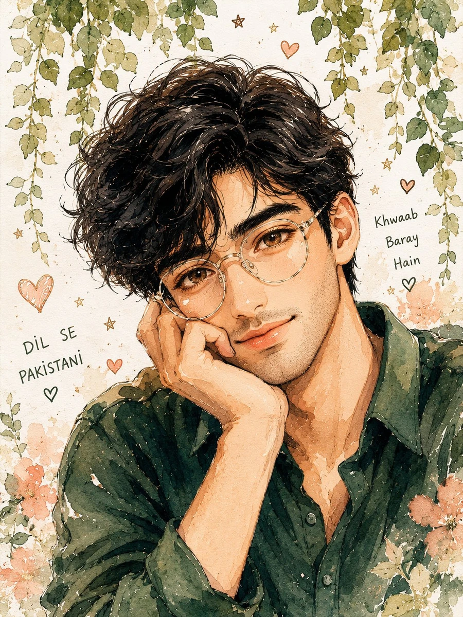 Cute watercolor anime-style portrait illustration of a handsome young man...