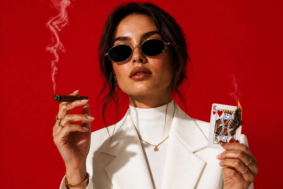 A cinematic, high-fashion portrait of a confident stylish woman wearing a...