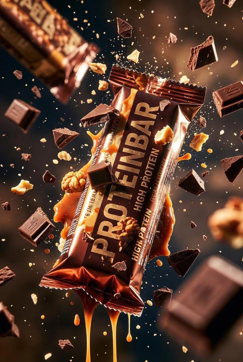Ultra-cinematic product photography of a premium protein bar wrapped in m...