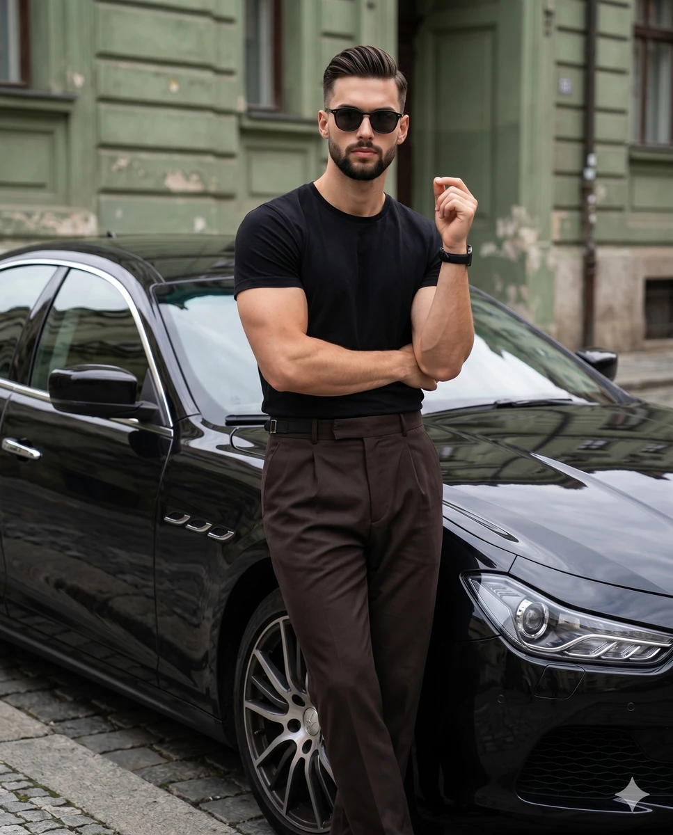 A muscular adult male with a dark taper-fade haircut pushed back with nat...