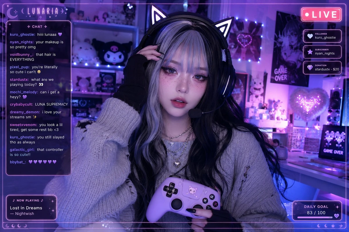 A front-facing medium close-up webcam/live-streaming shot of a gamer girl...