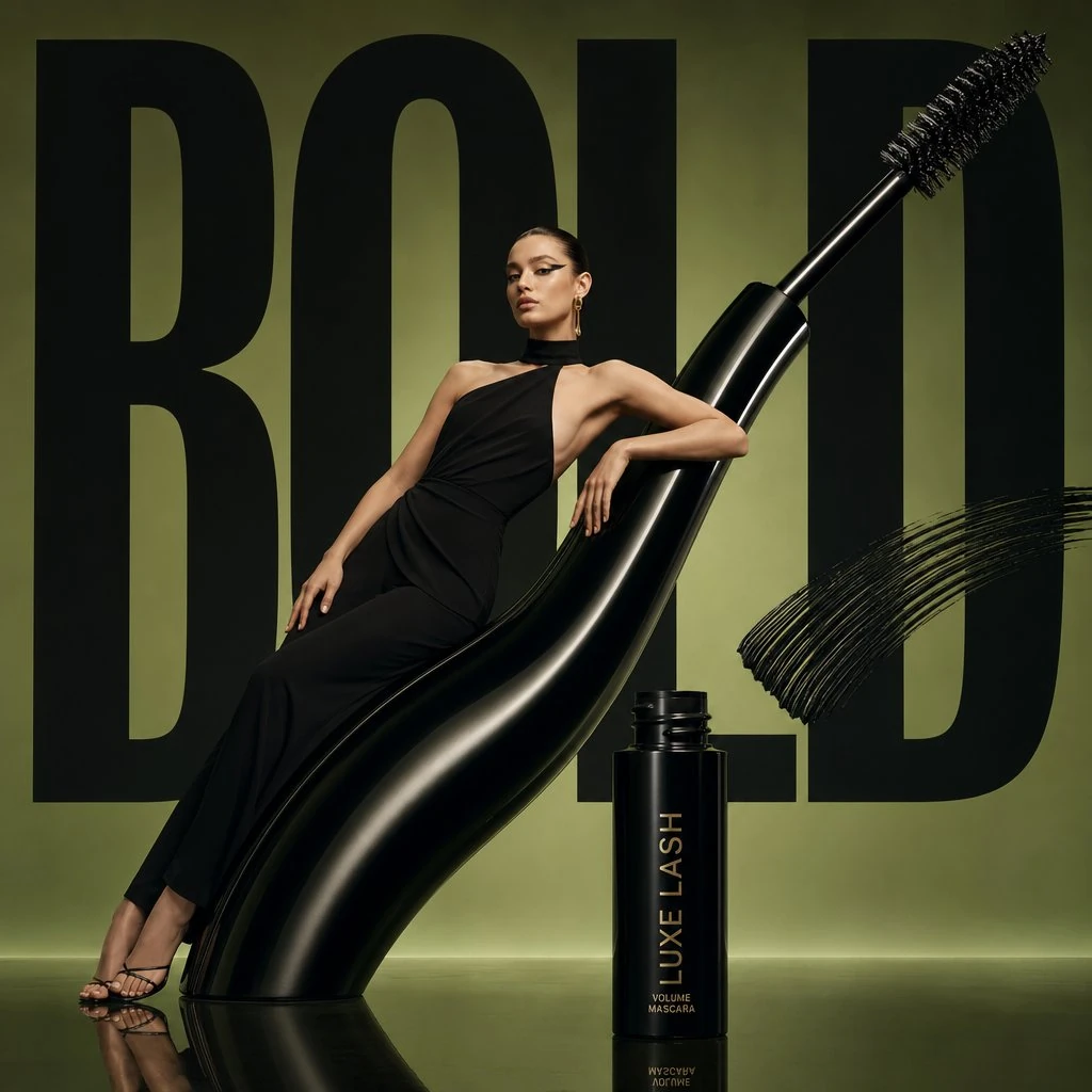 Avant-garde beauty advertisement, a giant mascara wand displayed like a m...