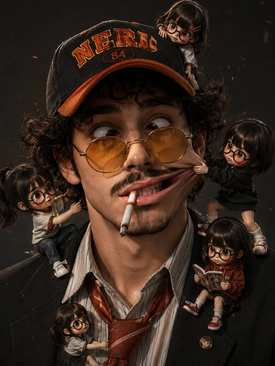 A highly detailed surreal 3D character portrait of a quirky young man wit...