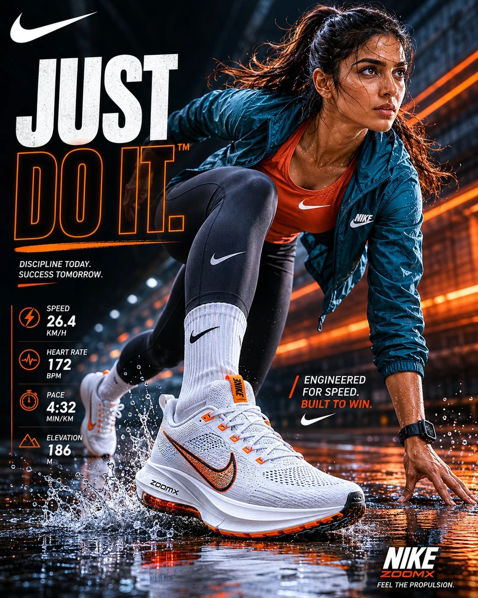 - Hyper-realistic NIKE sportswear advertisement, athletic Indian female r...