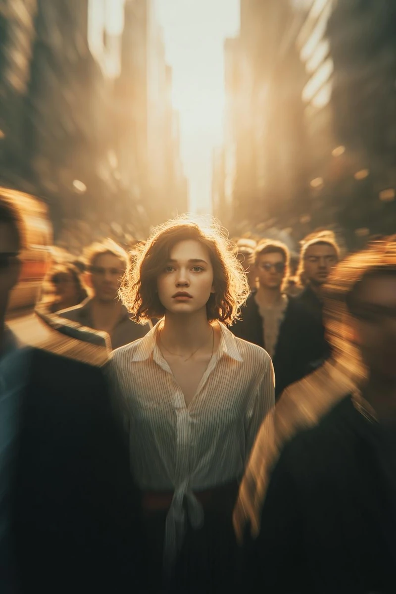 cinematic conceptual portrait of a young woman standing still inside a ru...
