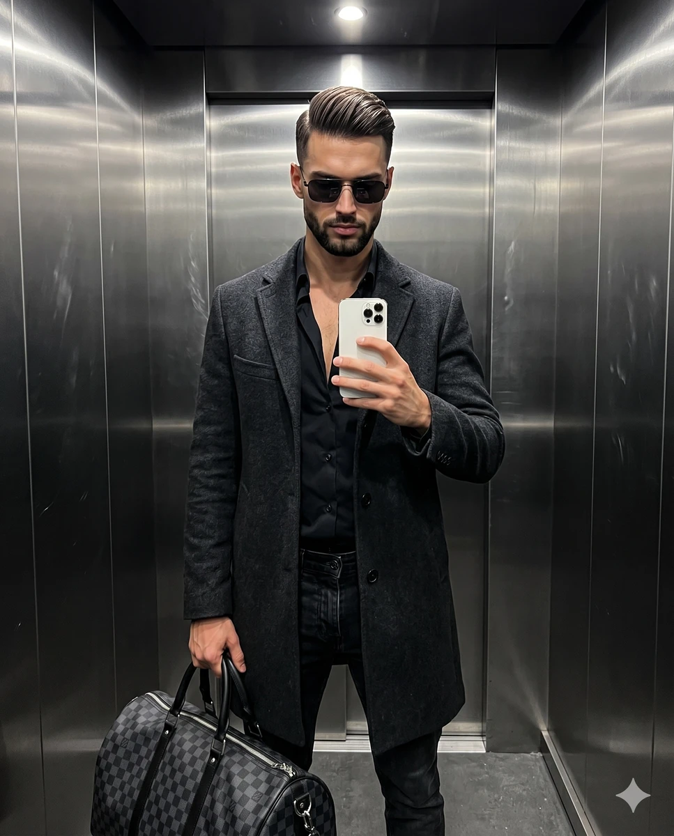 An adult male stands confidently centered in a mirror selfie, his weight...