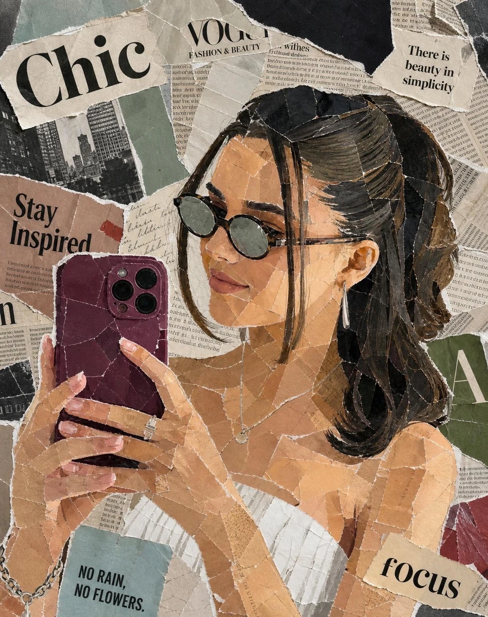 Aesthetic vintage paper collage portrait of a stylish woman taking a mirr...