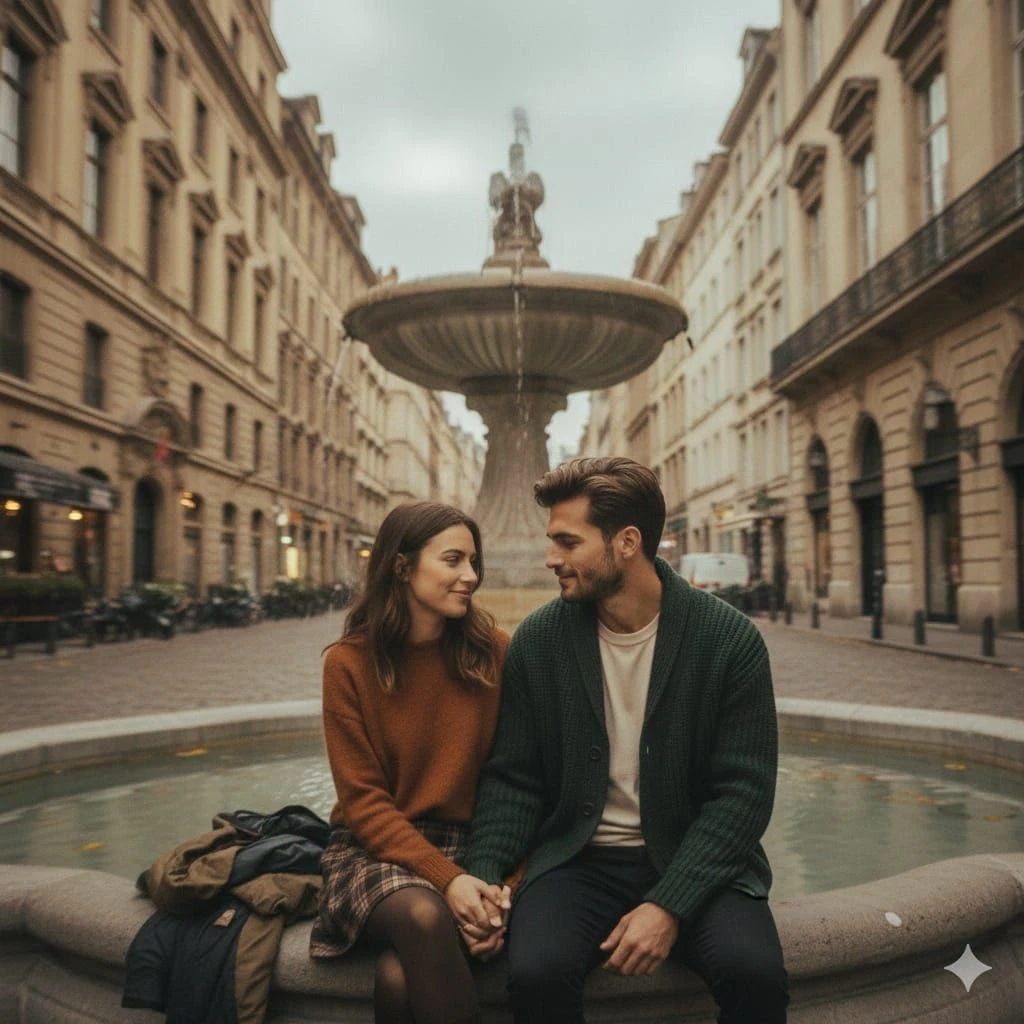 Cinematic romantic street photography of a couple sitting hand-in-hand on...
