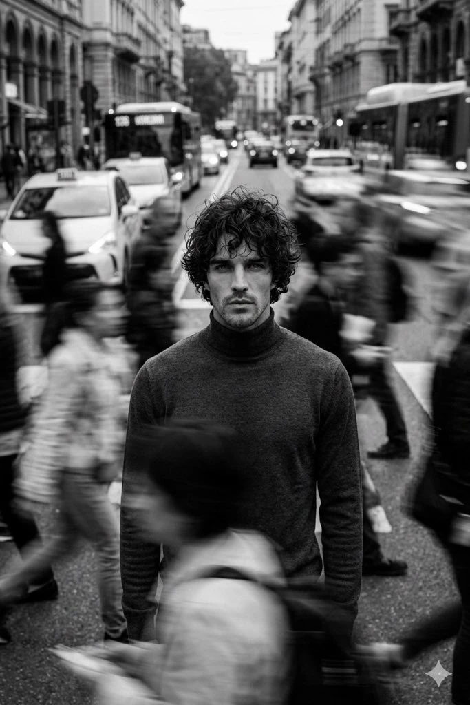 Black and white cinematic portrait of a young man (same face as uploaded)...