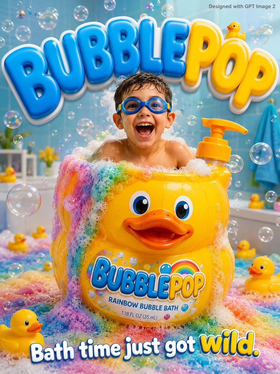 A fun bubbly kids advertisement poster. An excited young boy age 5 in swi...