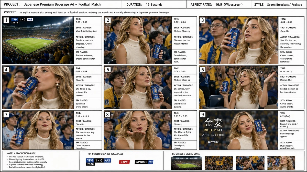 Hyper-realistic cinematic storyboard sheet for a 15-second sports broadca...