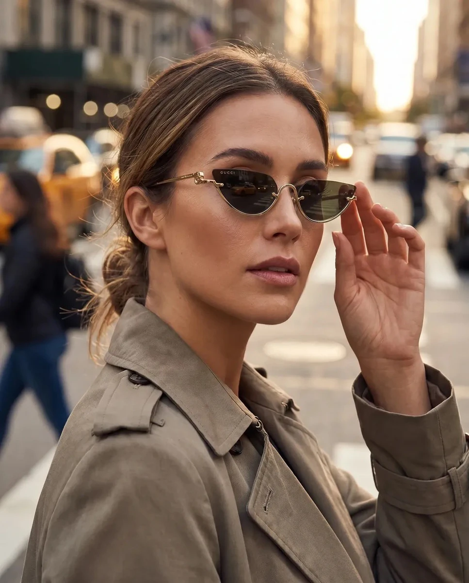 Ultra-realistic cinematic street portrait of a stylish woman wearing slee...