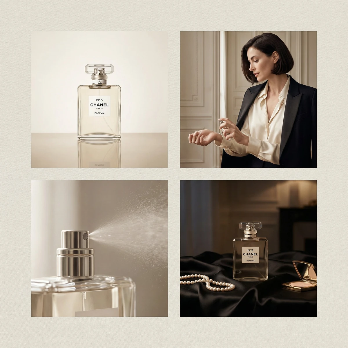 2×2 grid luxury perfume advertisement for Chanel perfume, four distinct y...