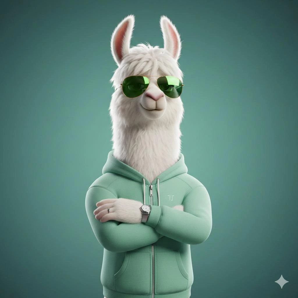Stylized 3D anthropomorphic llama character standing confidently with arm...