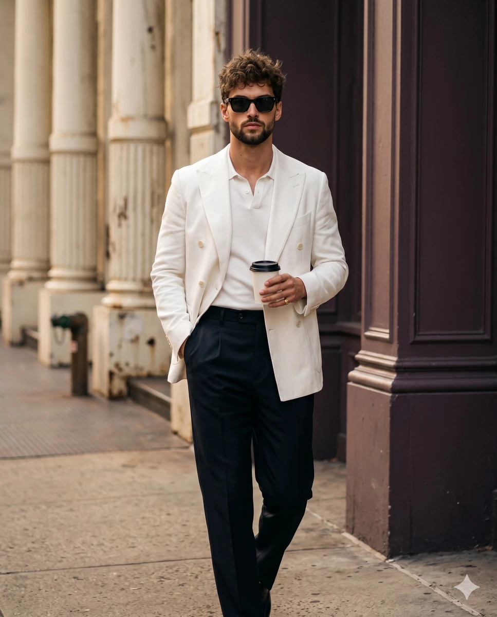 A stylishly dressed man is captured mid-stride walking straight toward th...