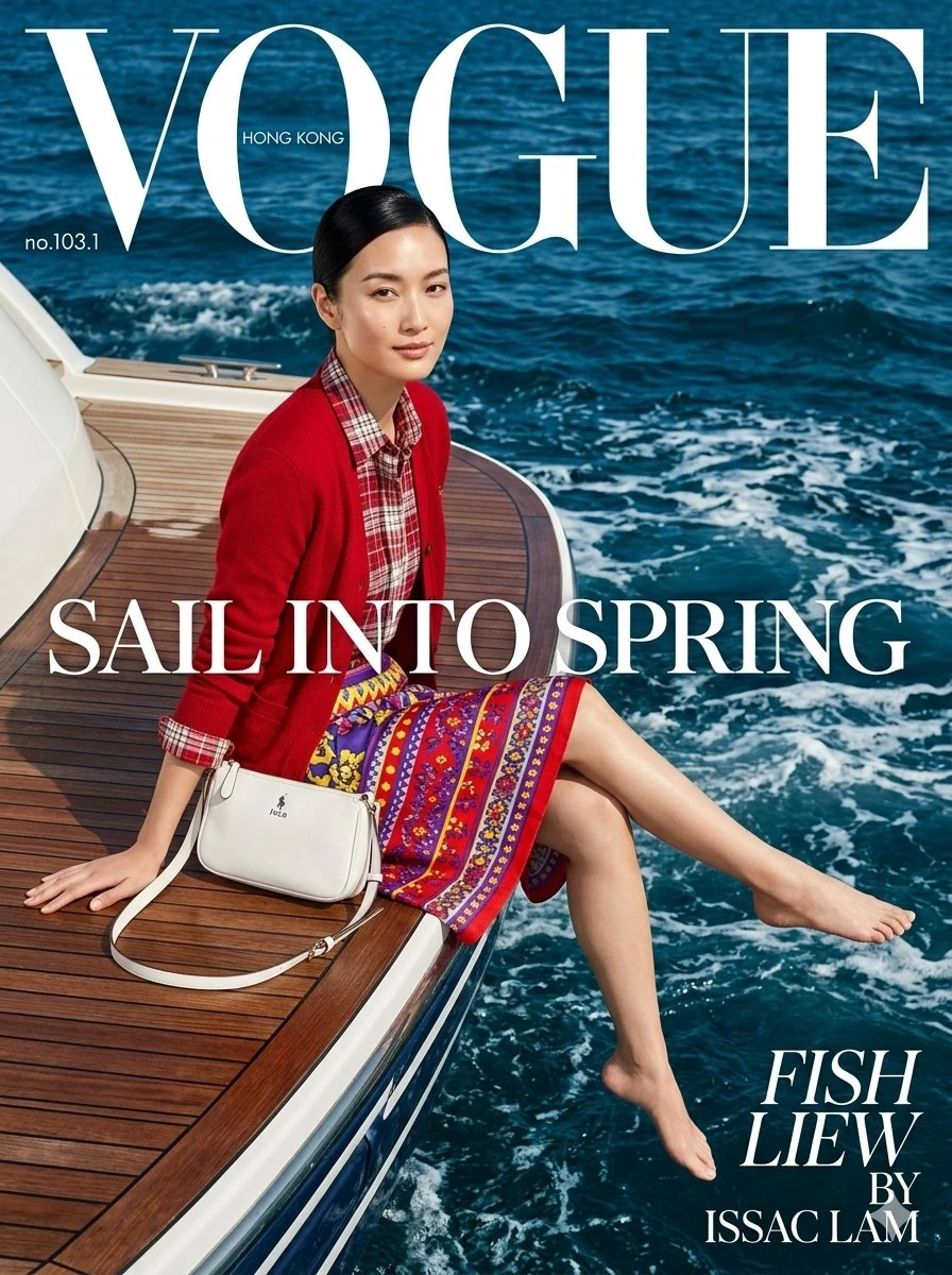 A stunning high-fashion Vogue magazine cover photograph of a beautiful Ea...