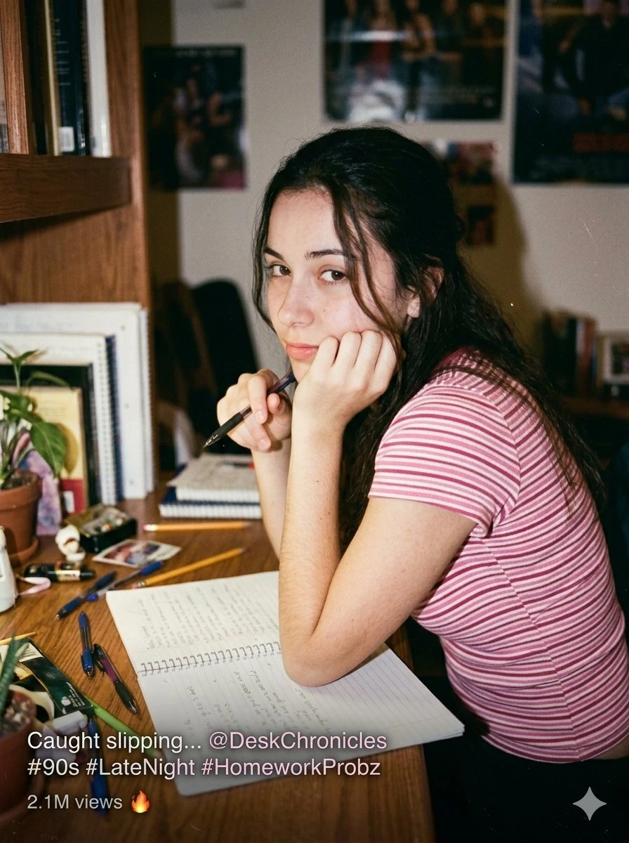 Ultra-realistic candid indoor portrait of a young woman sitting at a wood...
