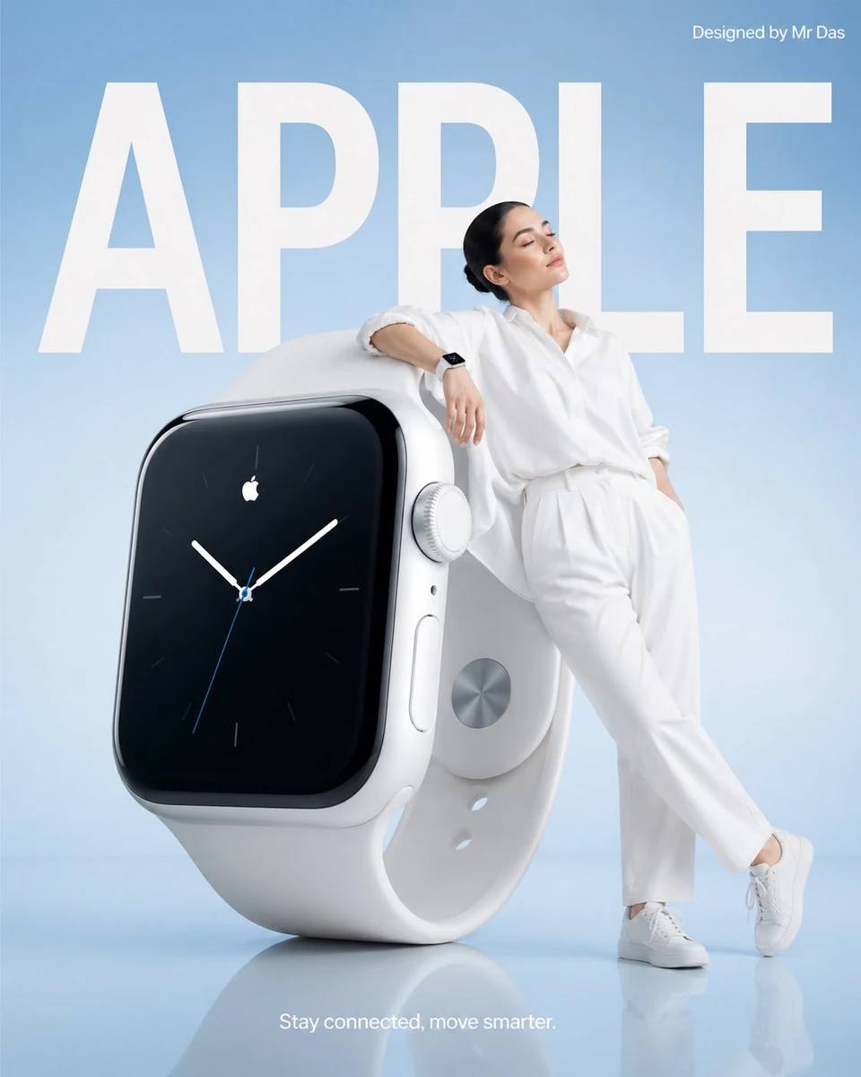Minimalist commercial ad featuring oversized white smartwatch, ultra-clea...