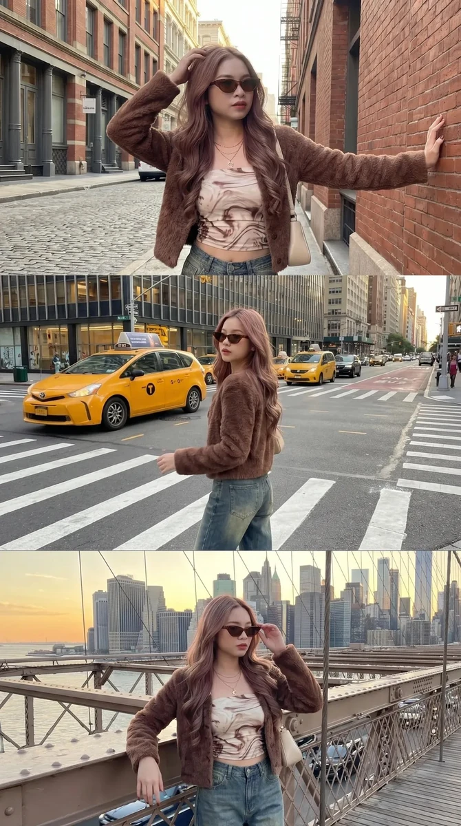 Cinematic fashion street photography of a stylish young woman with long w...