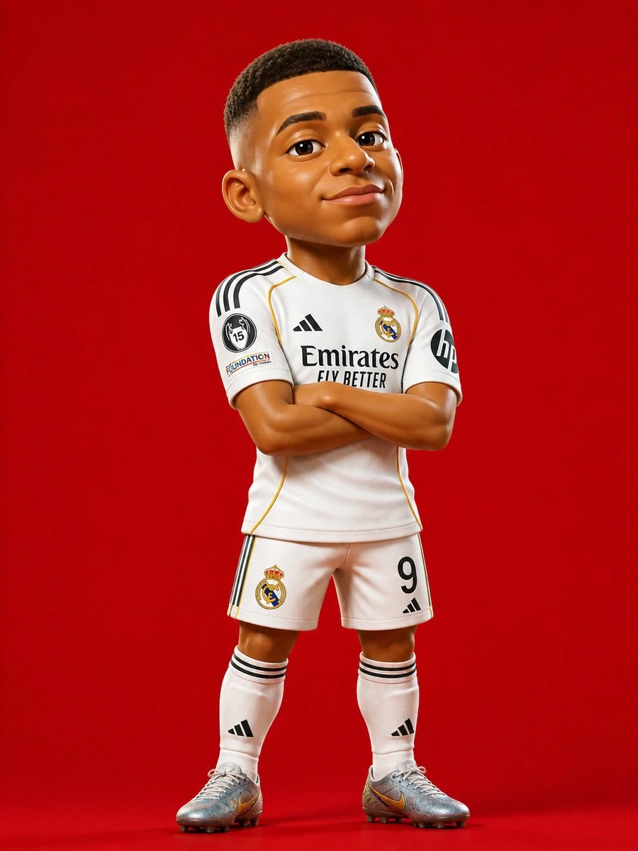 A stylized 3D cartoon character of a young football player, standing conf...