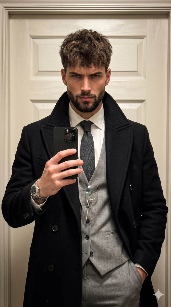 A handsome male stands centered, facing the camera with his weight shifte...