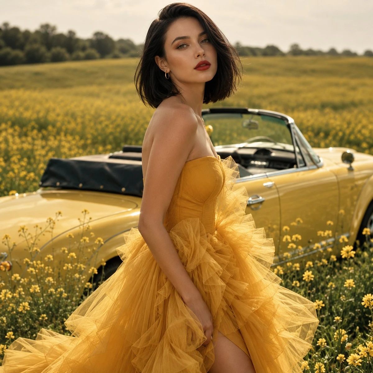 Ultra-realistic cinematic fashion editorial photograph of a stunning youn...