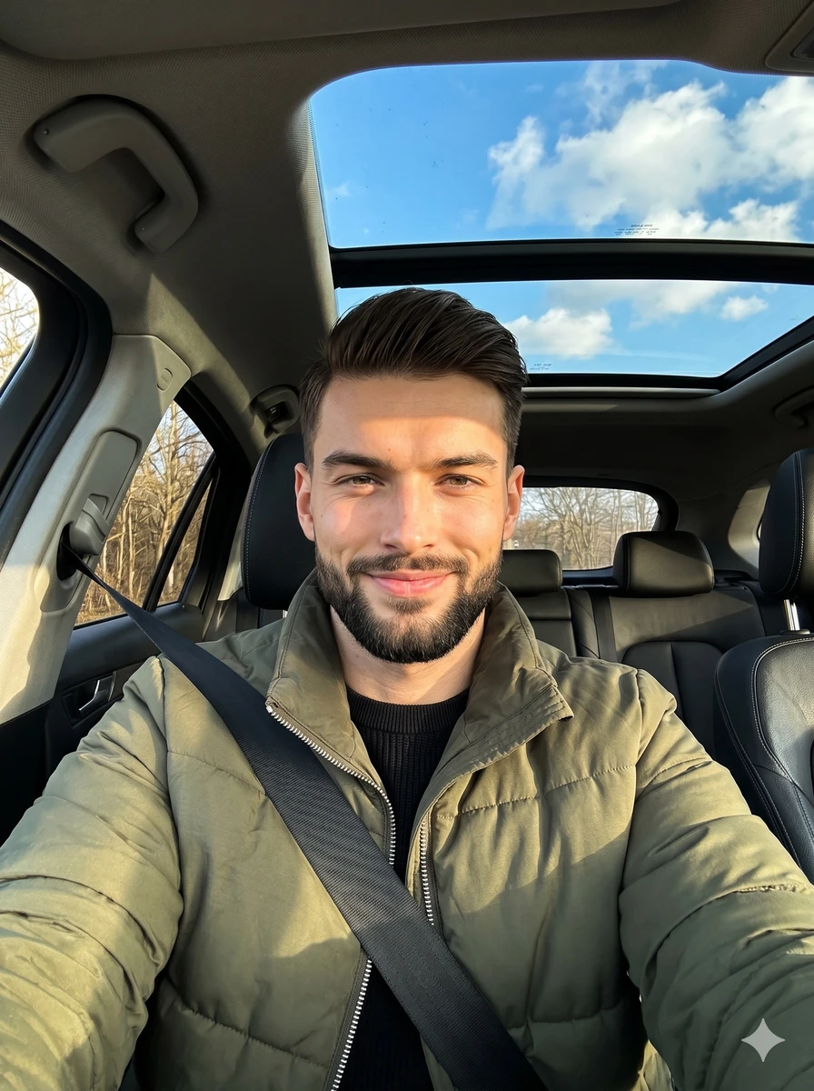 A young male sits centered in the driver's seat of a car, facing the came...