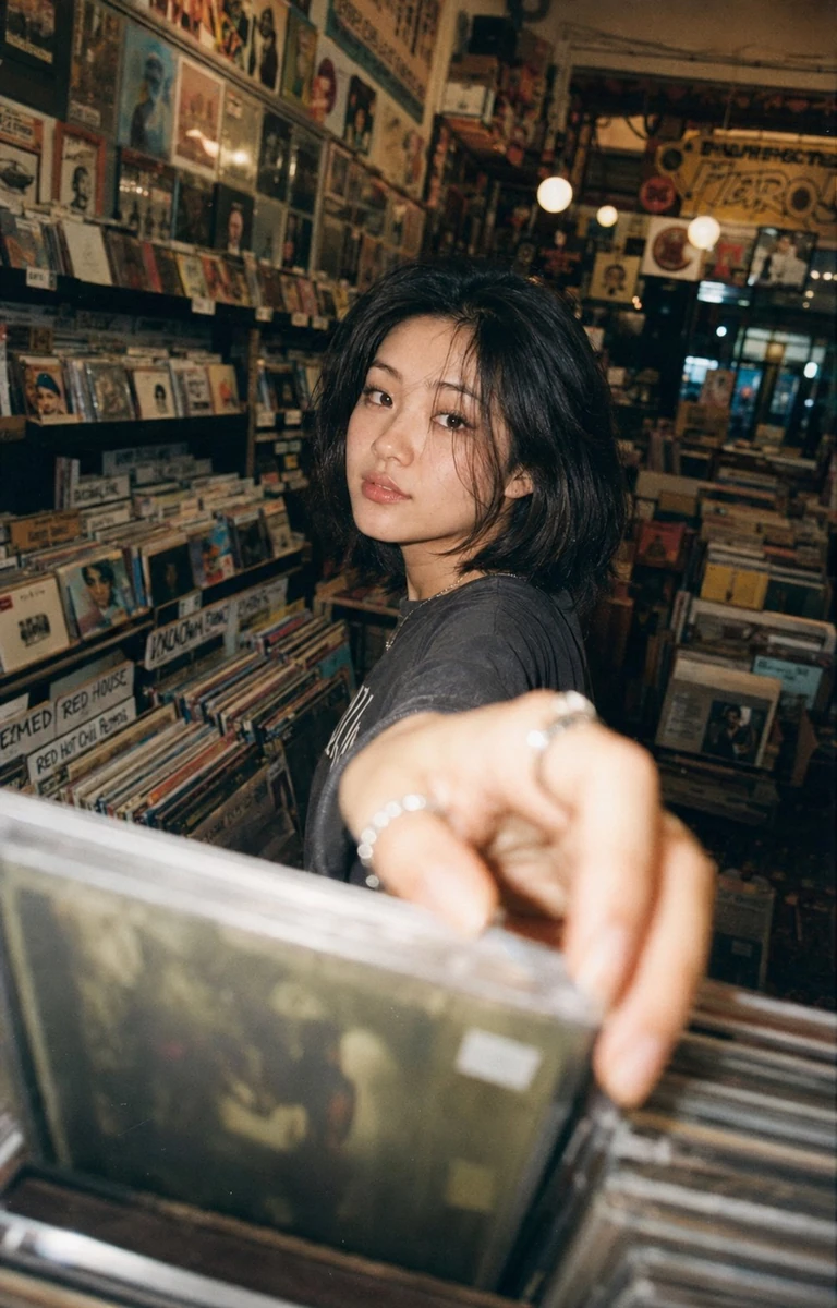 Ultra-realistic lifestyle portrait of a young woman browsing music in a v...