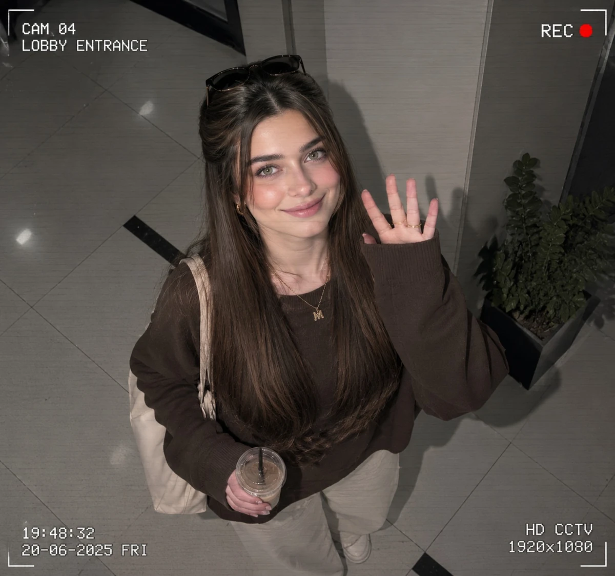 A CCTV-style surveillance footage of a stylish teenage girl walking past...