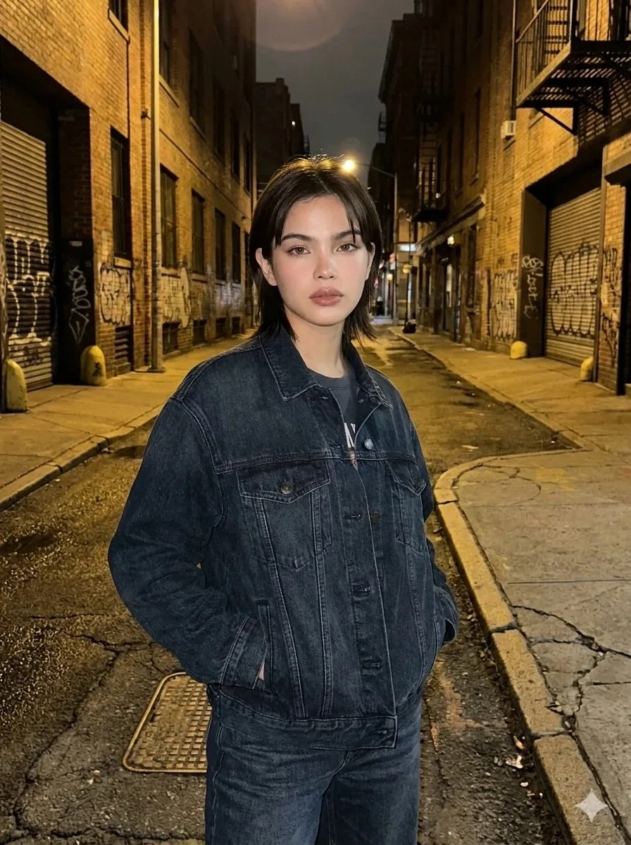 Cinematic night street portrait of a young woman standing in an empty urb...