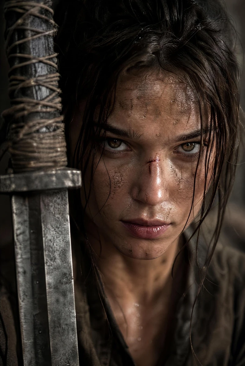 An extreme close-up, dramatic cinematic portrait of a fierce young female...