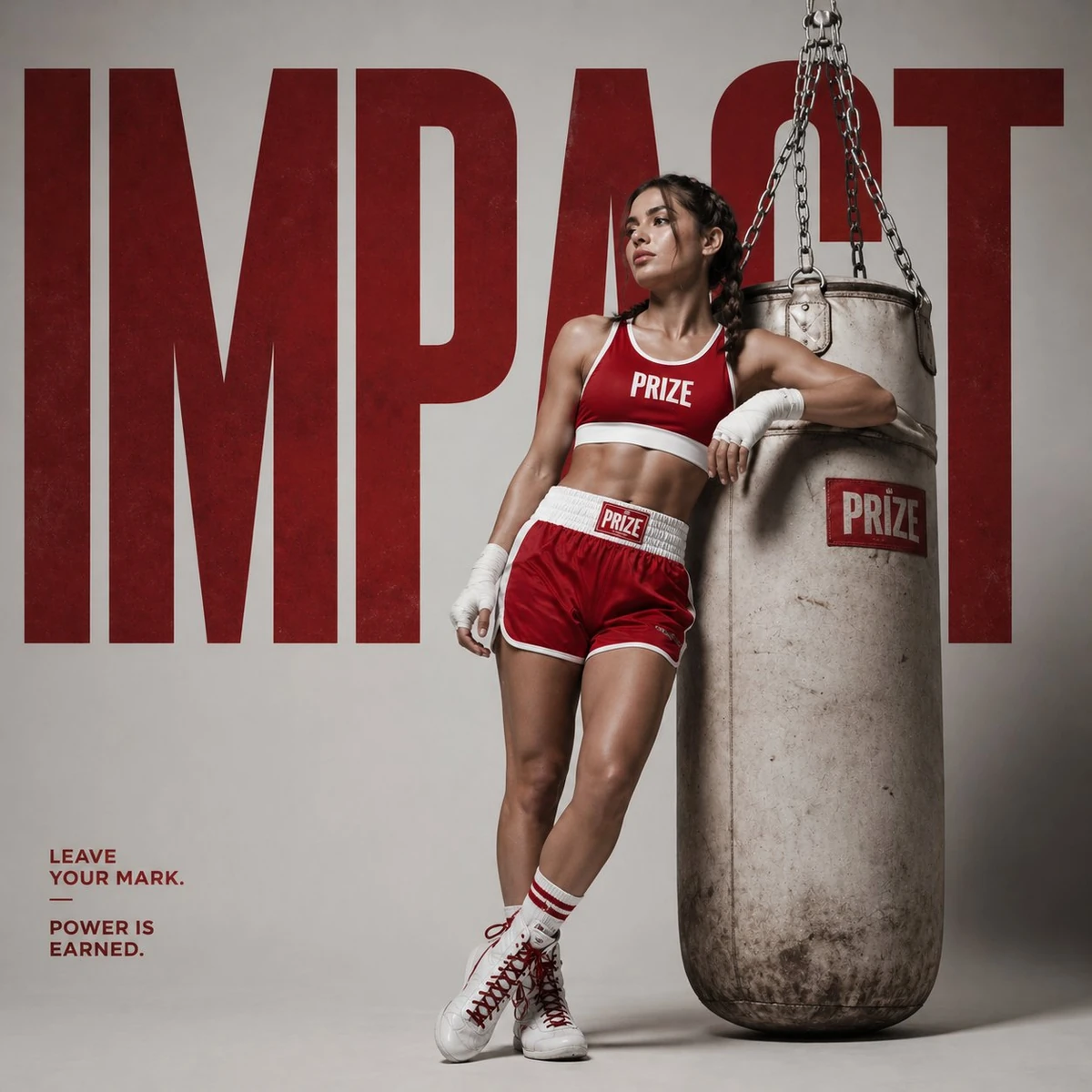 High-fashion boxing editorial campaign, female fighter leaning casually a...