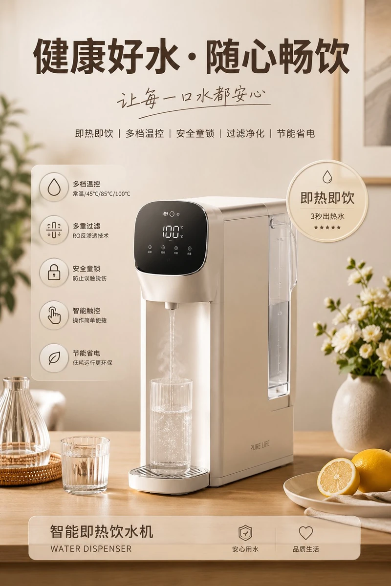 请生成一张高质感家电产品广告海报,主体为「{主体}」。以主体为视觉核心,自动适配其对应的生活方式场景、辅助物品、装饰元素、关键词、卖点徽章、功能图...
