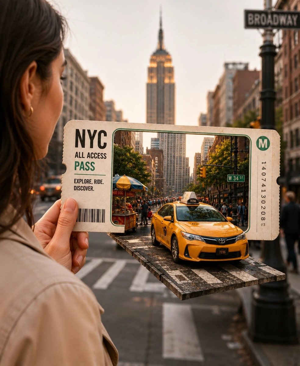 Photorealistic 3D travel ticket concept, a close-up human hand holding a...