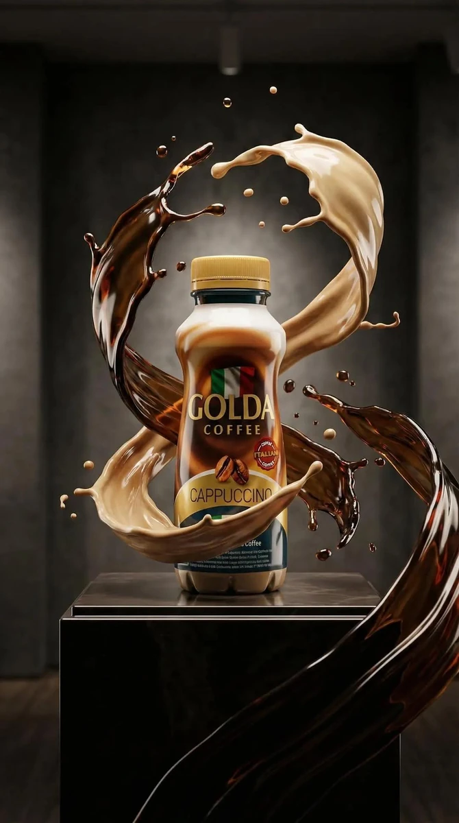 Ultra-realistic premium product advertisement of a cappuccino coffee bott...