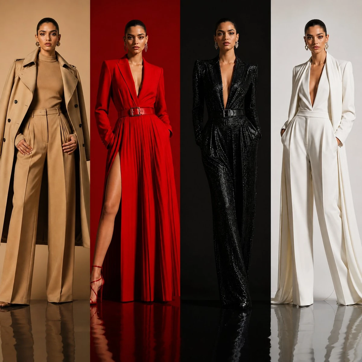 Luxury fashion campaign poster featuring the SAME model displayed in four...