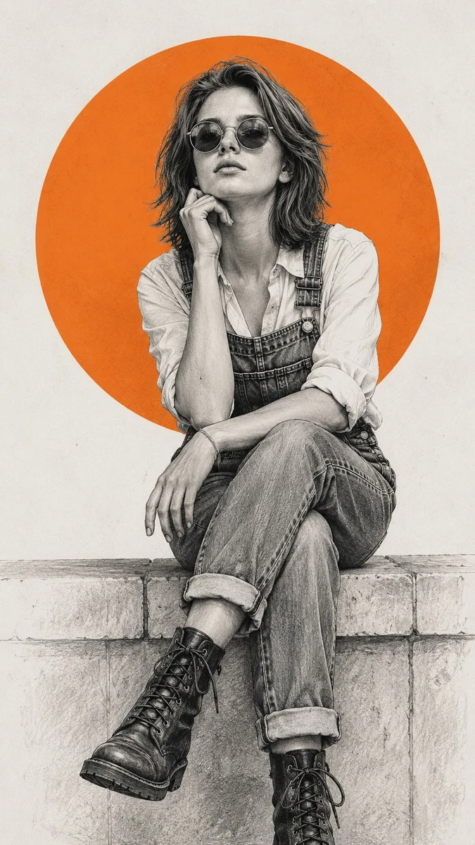 A high-detail digital illustration of a stylish woman sitting gracefully...