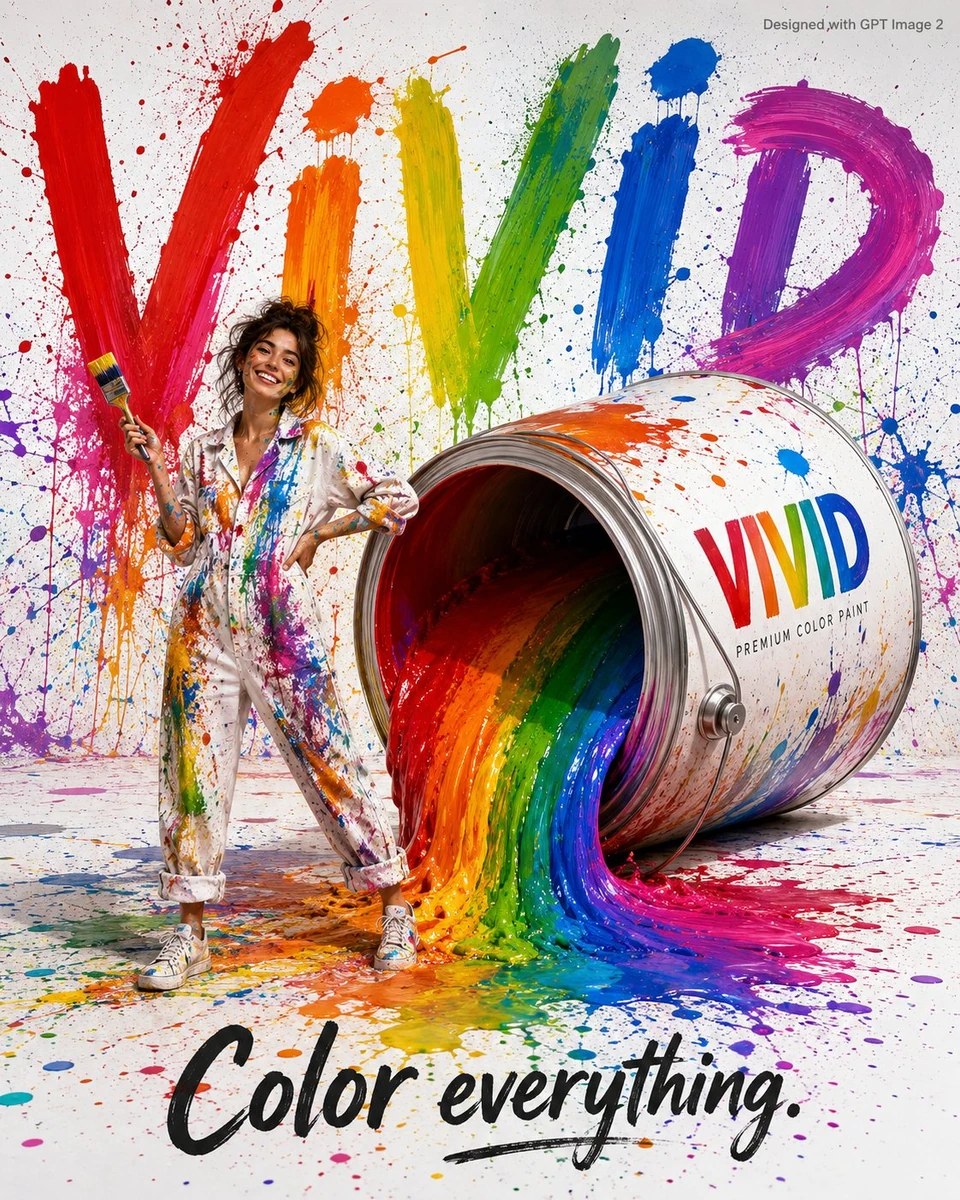 A creative artistic advertisement poster. A young cheerful female painter...