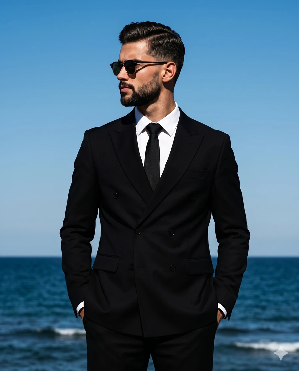 A handsome man stands perfectly centered in a medium-scale shot, exuding...