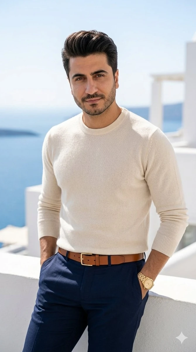 Full-shot cinematic portrait of a handsome man with styled dark hair and...