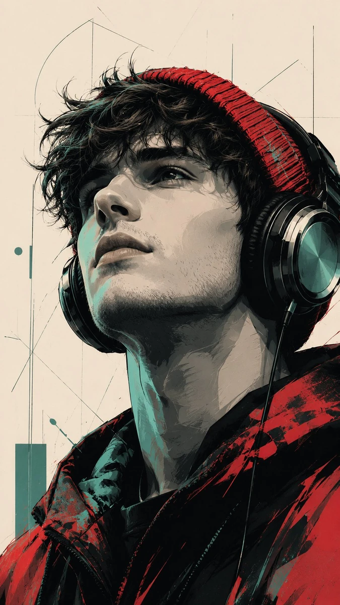 Subject & Composition: A stylized, low-angle portrait of a young man...