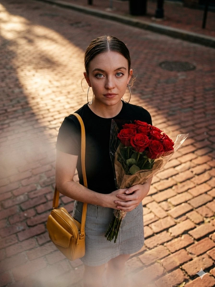 A cinematic top-angle shot of a young woman standing on a red brick stree...