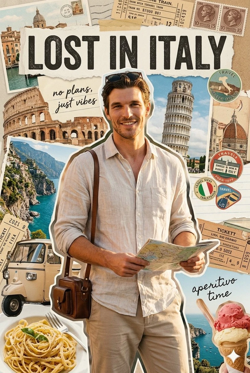 Ultra-realistic travel collage poster featuring a young man (use my face)...