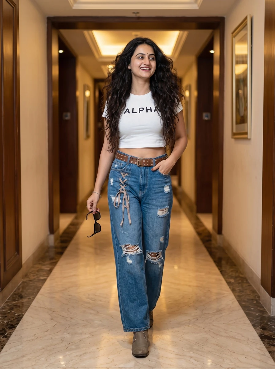 subject": "A beautiful young South Asian woman in her mid-20s with a radi...
