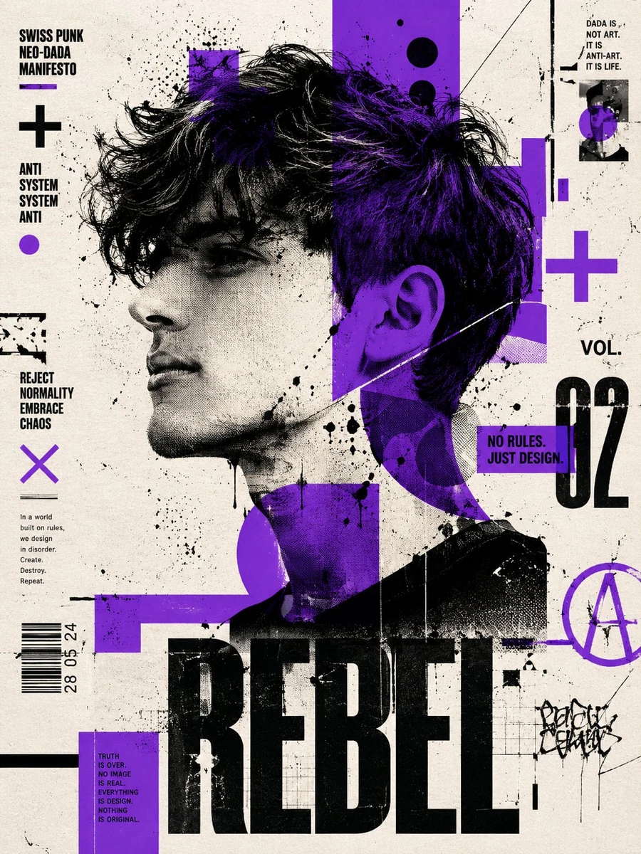 An editorial illustration poster in a bold Swiss Punk and Neo-Dadaist sty...